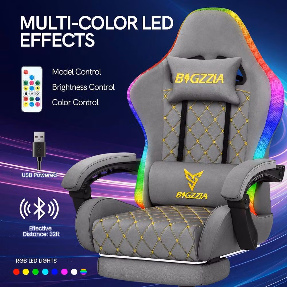 Gartistgo Grey PU Leather Gaming Chair with RGB Lights, Footrest and Headrest – 4