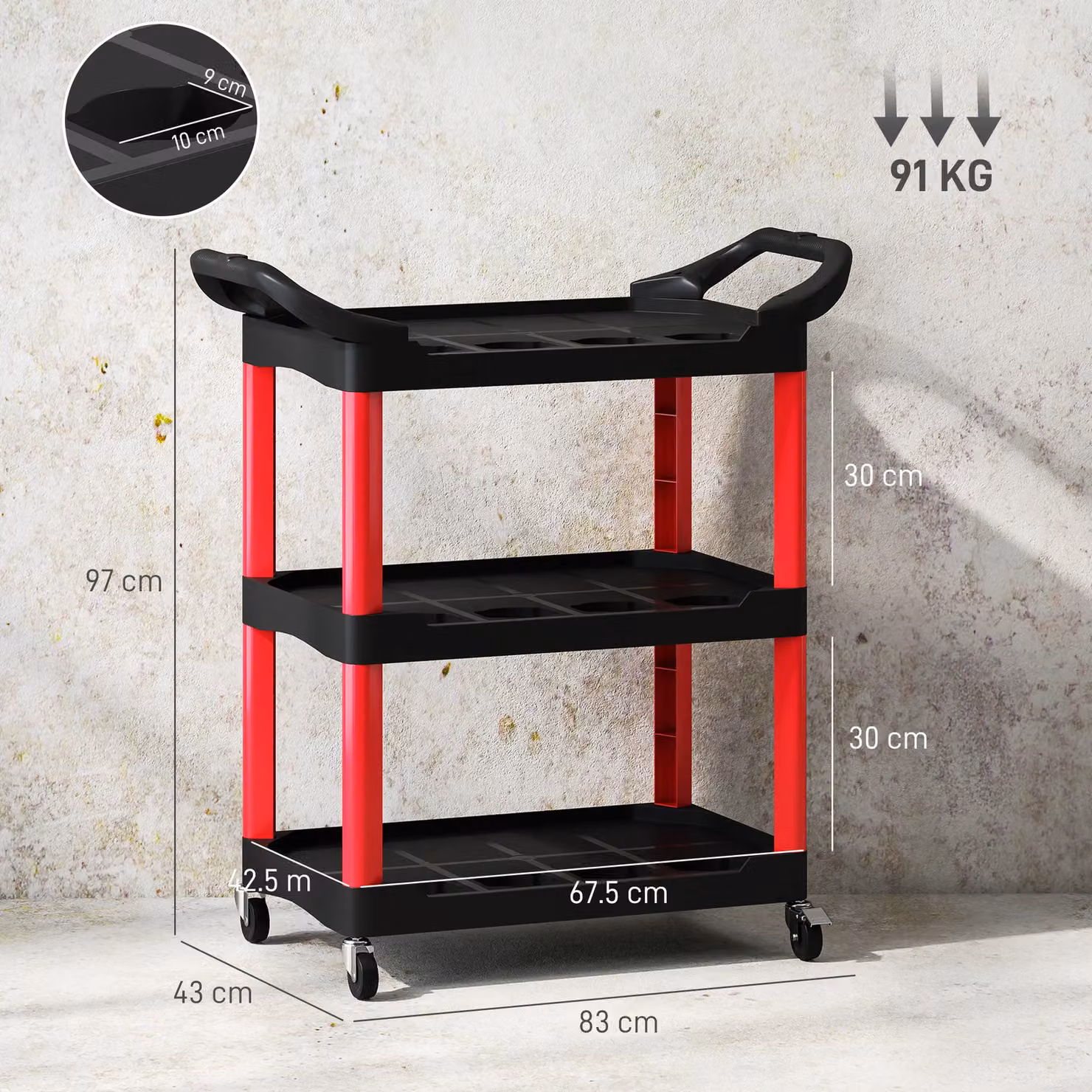 HOMCOM 3-Tier Rolling Tool Cart in Black, W/D/H: 40 x 40 x 83 cm – 3