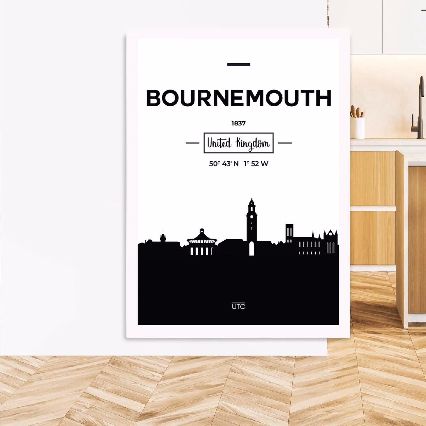 ARTZE Bournemouth Black and White City Skyline Framed Print in White Frame, Size: A2 – 2