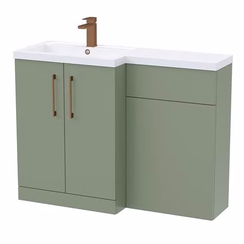 Balterley Green L-Shaped Corner Vanity Unit with L-Shaped Basin, WC Unit and Brushed Bronze D-Shape Handles