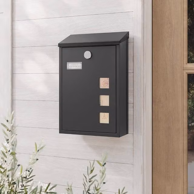 The Bazaarist Wall Mounted Locking Mailbox with Viewing Window, Black, W/D/H: 39.5 x 25.5 x 11.5 cm