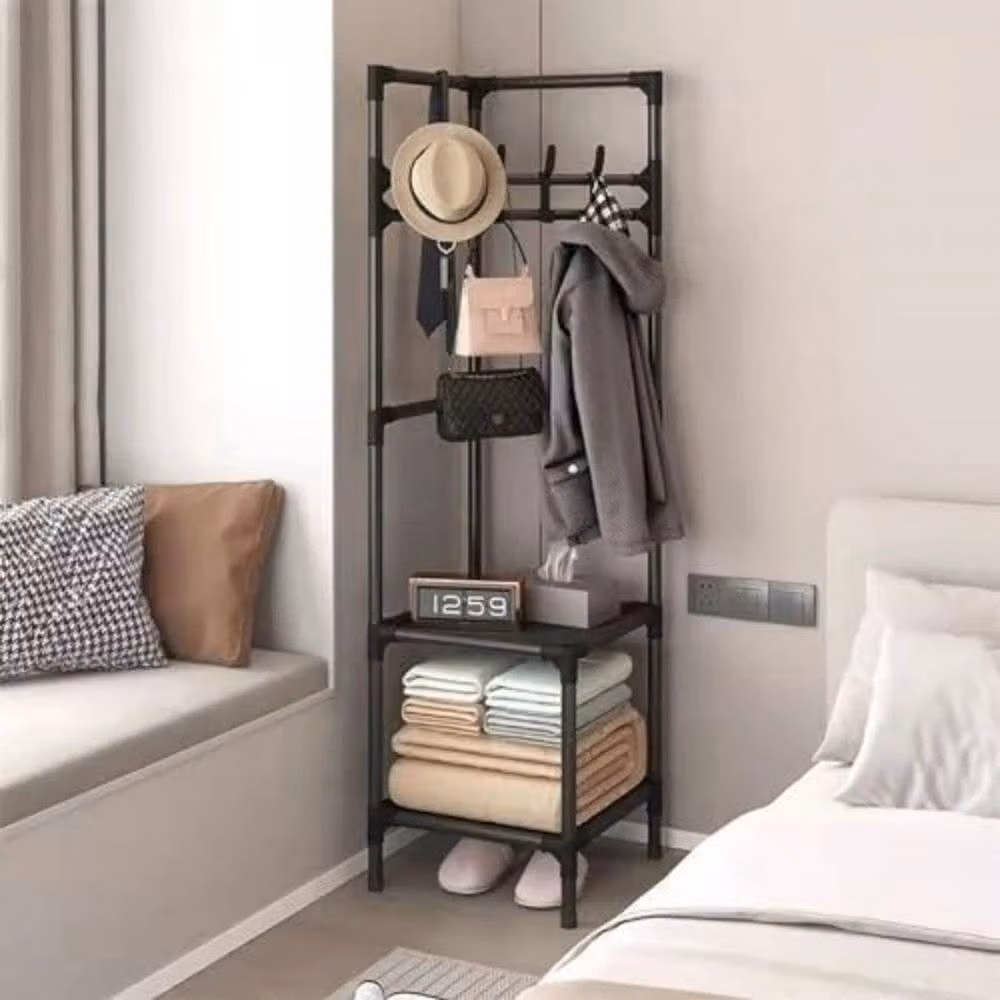 Ventryn Metal Corner Coat Stand and Clothes Hanging Rail with 2 Shelves in Matt Black – 3