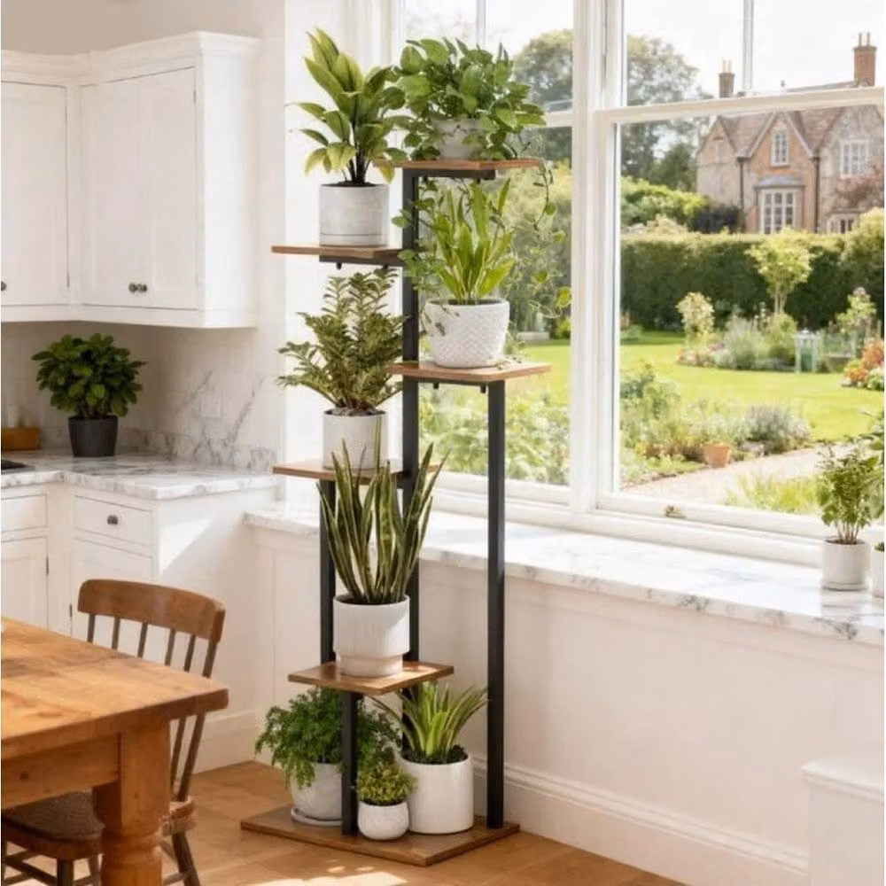 EONLION 6 Tier Tall Wood and Metal Plant Stand in Matt Black – 4