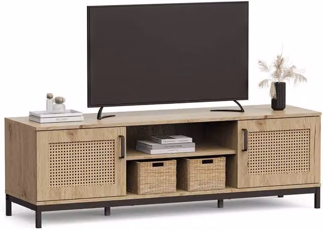 NESTLUNE Brown Rattan Effect TV Stand for Living Room, W: 100 cm, D: 15 cm
