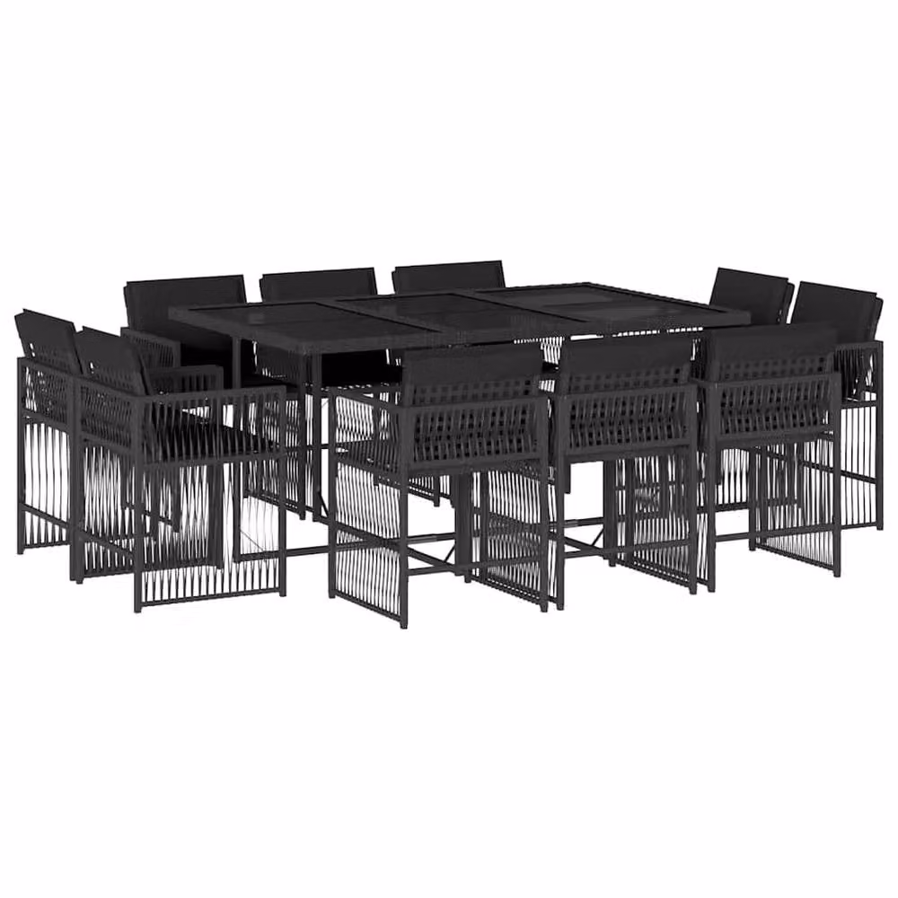 Berkfield Home 11 Piece Black Poly Rattan Garden Dining Set with Cushions and Glass Tabletop – 2