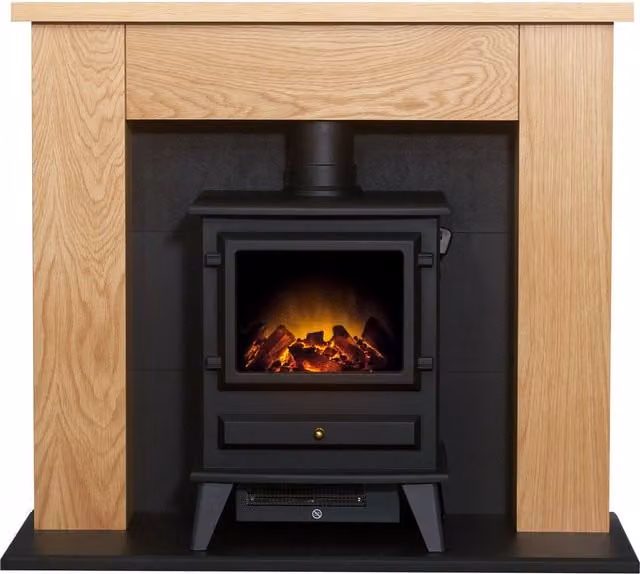 Adam Fires & Fireplaces Chester Stove Fireplace in Oak and Black with Hudson Electric Stove in Black, 39 Inch – 1