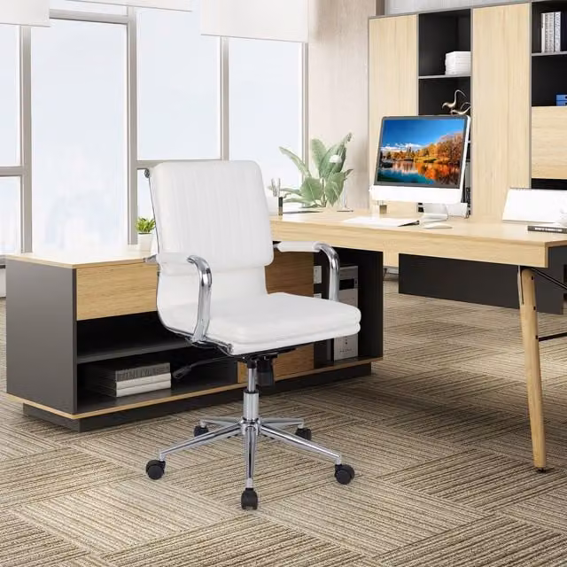 Costway Modern White Upholstered Task Chair with Armrests and Castors for Home Office