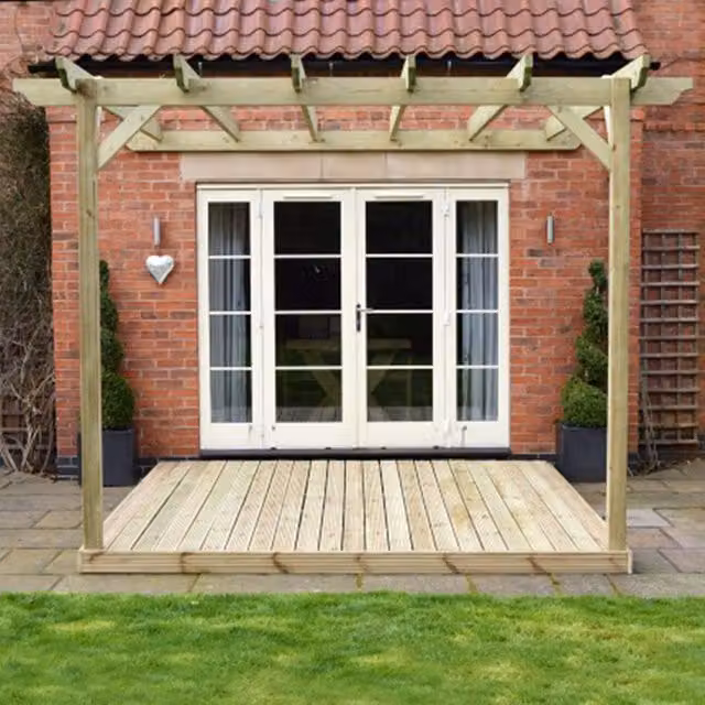 Rutland County Garden Furniture Ltd Wall Mounted Lean-to Pergola and Decking Kit, Green, W: 240 cm, D: 240 cm, H: 270 cm