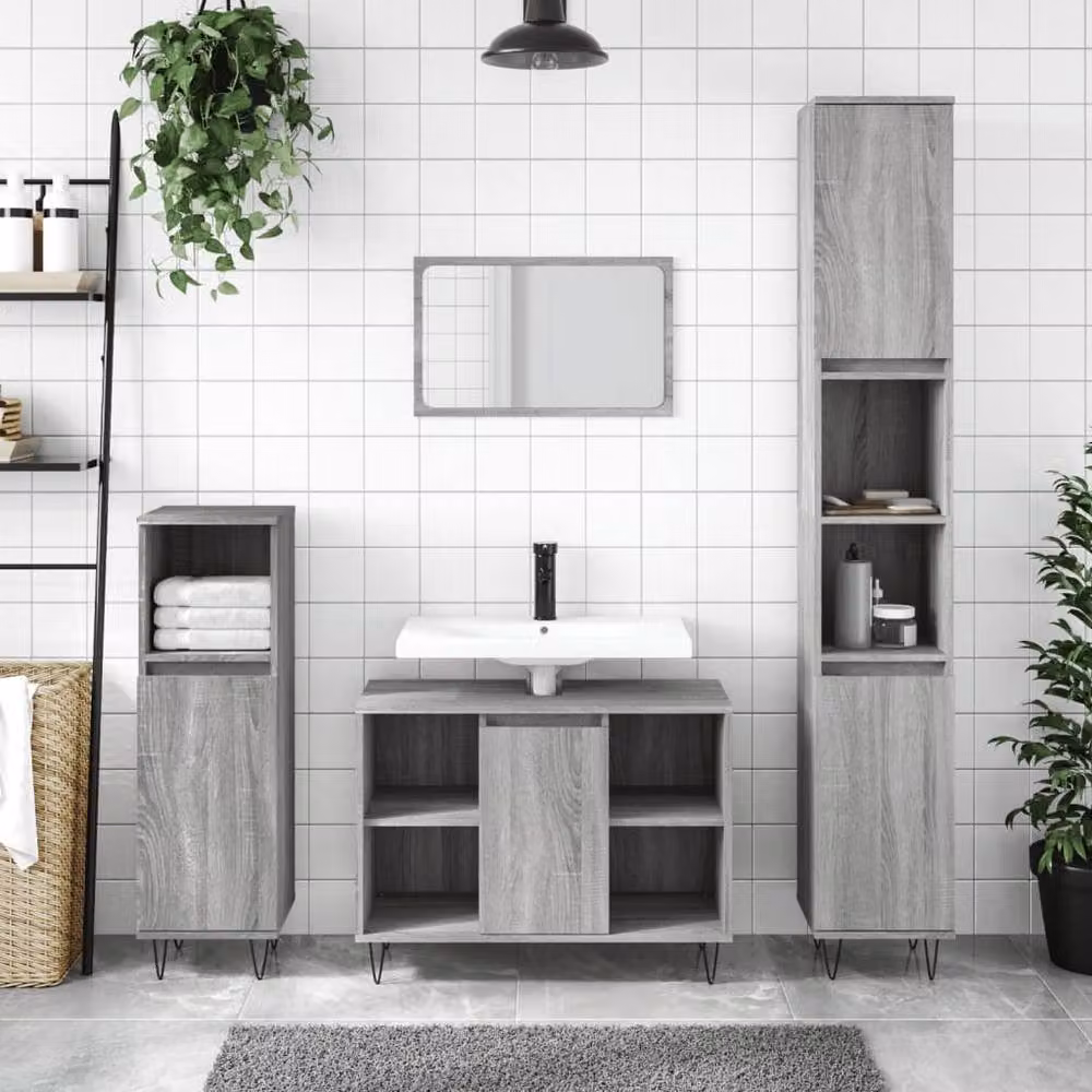 Berkfield Home Modern 3 Piece Grey Bathroom Furniture Set including Tall Cabinet, Side Cabinet and Vanity Unit – 2