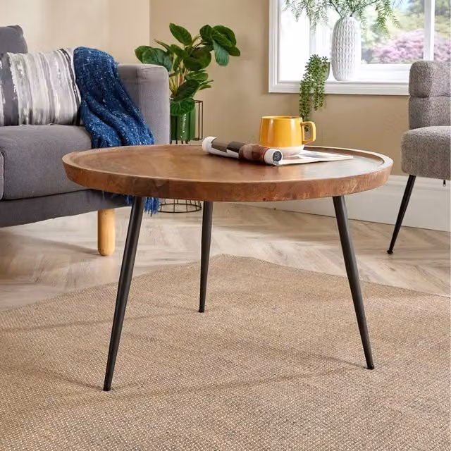 Home Source Manhattan Round Mango Wood Coffee Table with Metal Legs, Brown