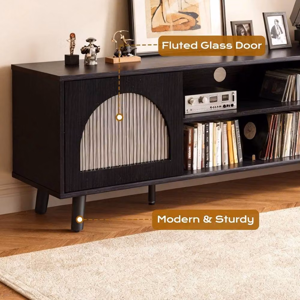 EONLION Modern Black Matt TV Stand Unit with 2 Glass Doors, W: 100 cm, D: 47 cm, H: 47 cm – 3