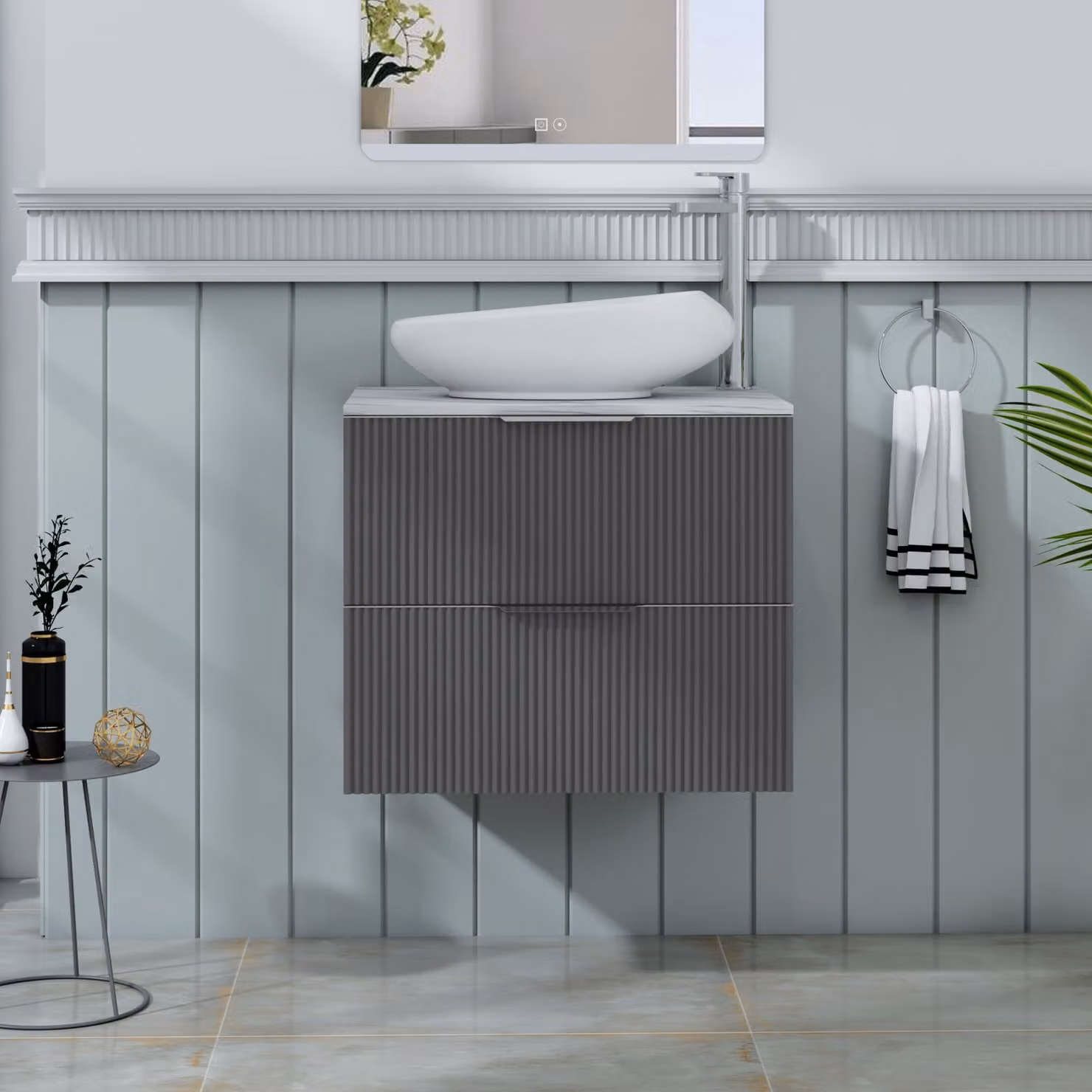 Royal Bathrooms Evora 600mm Graphite Grey Fluted Wall Hung Vanity Unit with Nova Basin and 2 Drawers