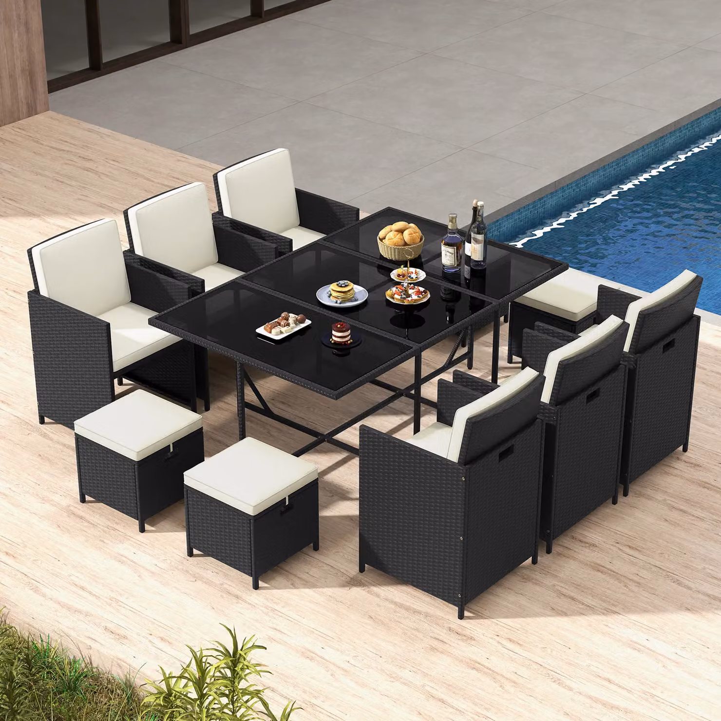 Gymax 11 Piece White Polyrattan Wicker Dining Set with Tempered Glass Table, Chairs and Ottomans – 4