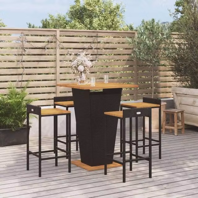 Berkfield Home 5 Piece Garden Bar Set in Black Poly Rattan and Solid Acacia Wood – 1