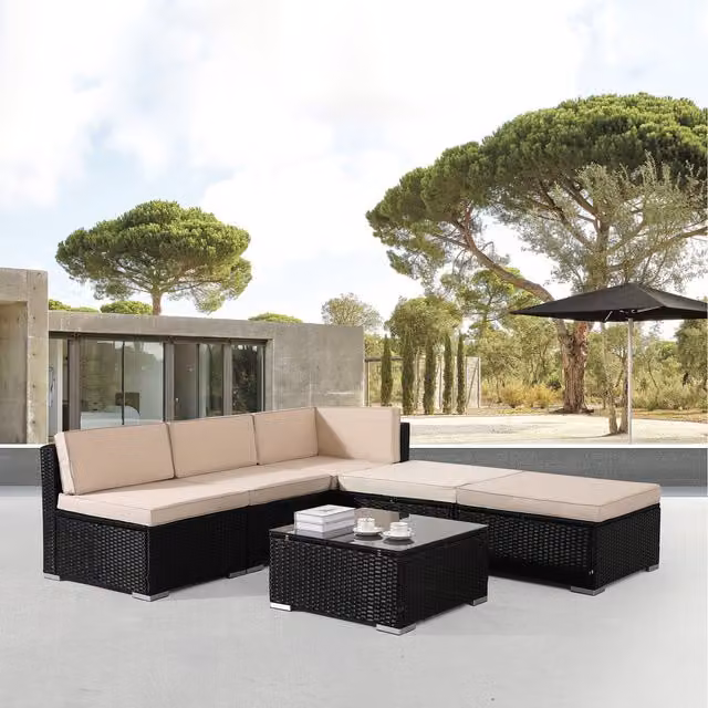 AREBOS Modern Black Polyrattan Garden Furniture Set with Metal and Glass Details