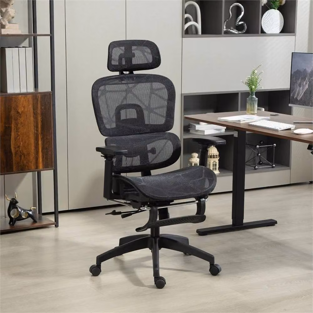 KORVIXA Ergonomic Swivel Office Chair with Headrest and Armrests in Black Fabric – 3