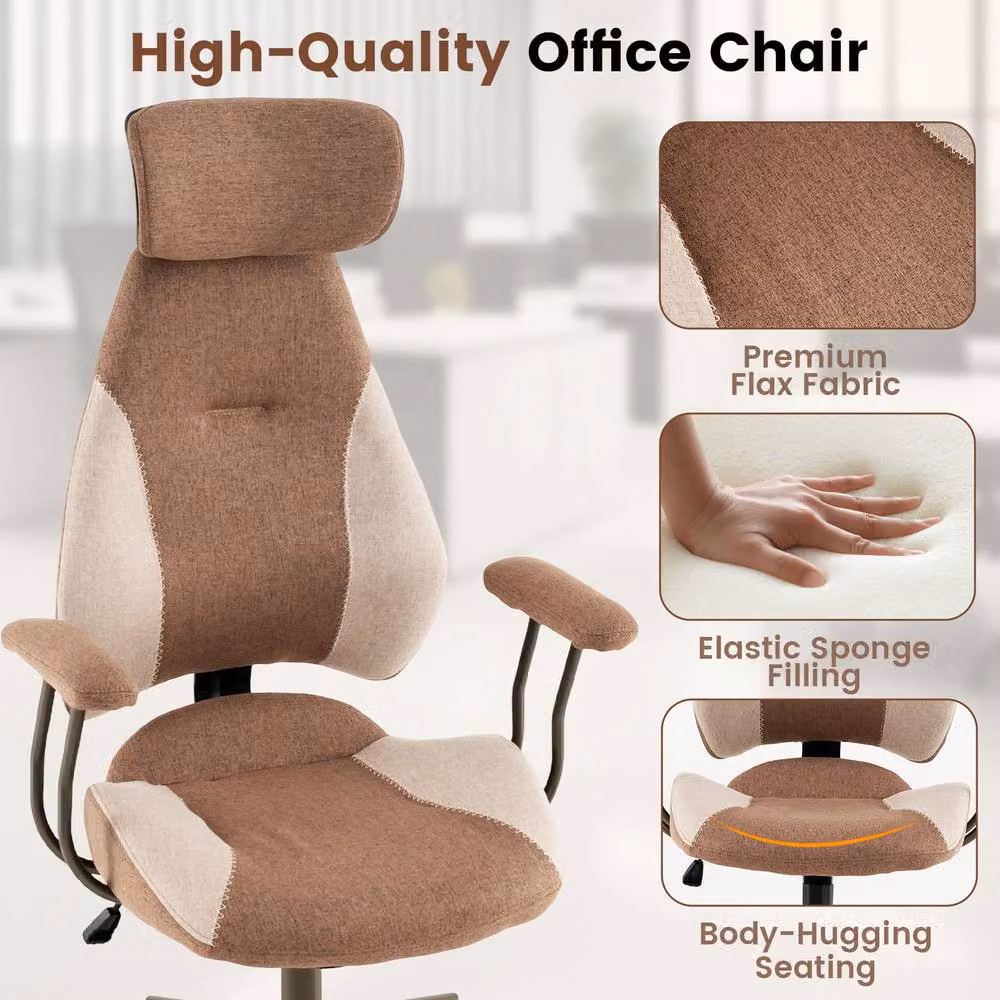 Costway Brown Fabric Office Chair with 2D Adjustable Headrest, Rocking Backrest and 360 Degree Swivel – 6