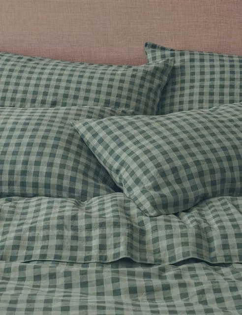 Piglet in Bed Dark Green Gingham Linen and Cotton Pillowcase Pair with Envelope Closure