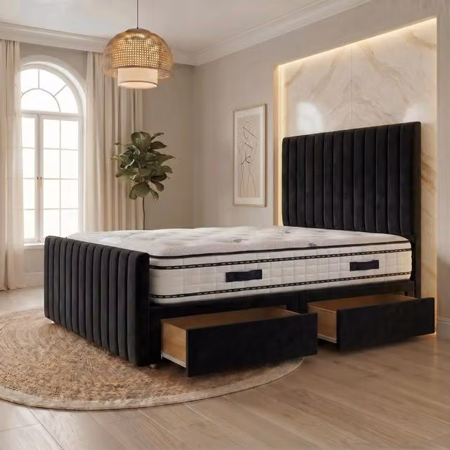 Somnior Eleanor Black Velvet Hybrid Divan Bed with 2 Drawers, Headboard and Footboard, W/D/H: 140 x 200 x 55.88 cm – 1