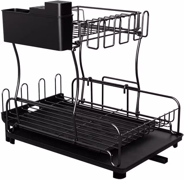 NESTLUNE Expandable 2 Tier Dish Drainer Rack with Cutlery Holder and Drip Tray, Black, W: 100 cm, D: 15 cm – 1