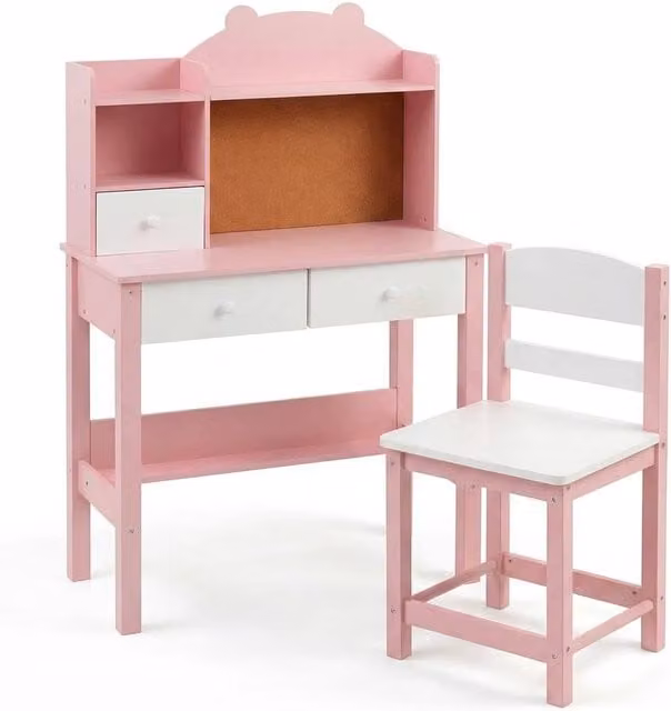 SPETLEK Pink Wooden Desk, Chair and Shelf Set with Hutch and Drawers