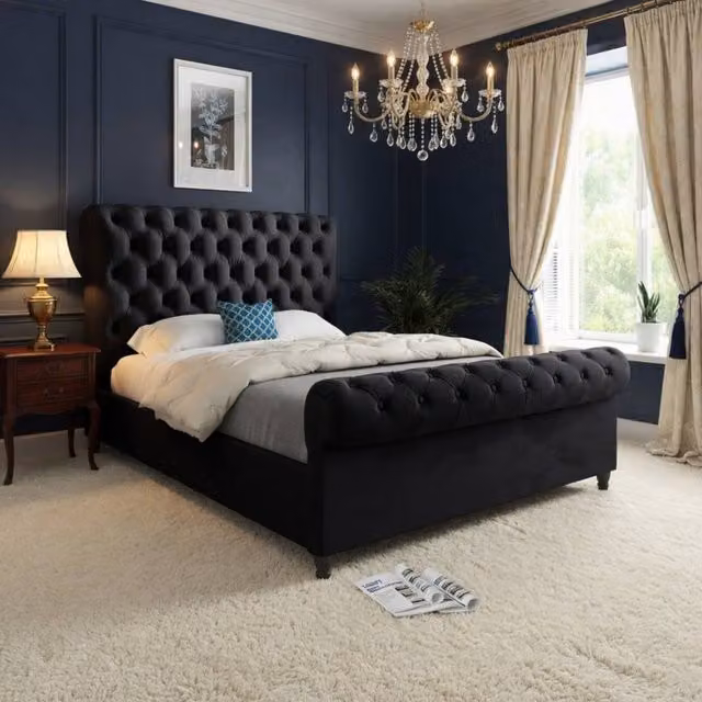 KDMD Tittleshall Sleigh Upholstered Designer Bed Frame in Black Soft Velvet, Super King, W/D/H: 200 x 189 x 119 cm – 1