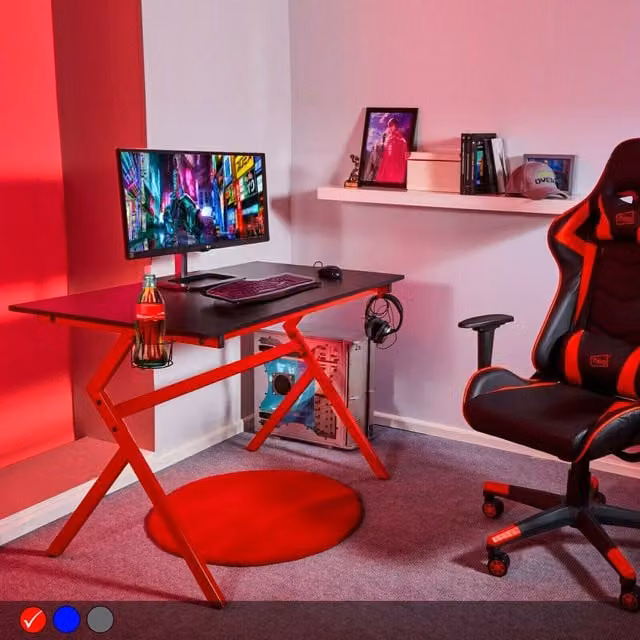 Neo Red Ergonomic Gaming Desk with Manual Crank Height Adjustment and Headphone Hook