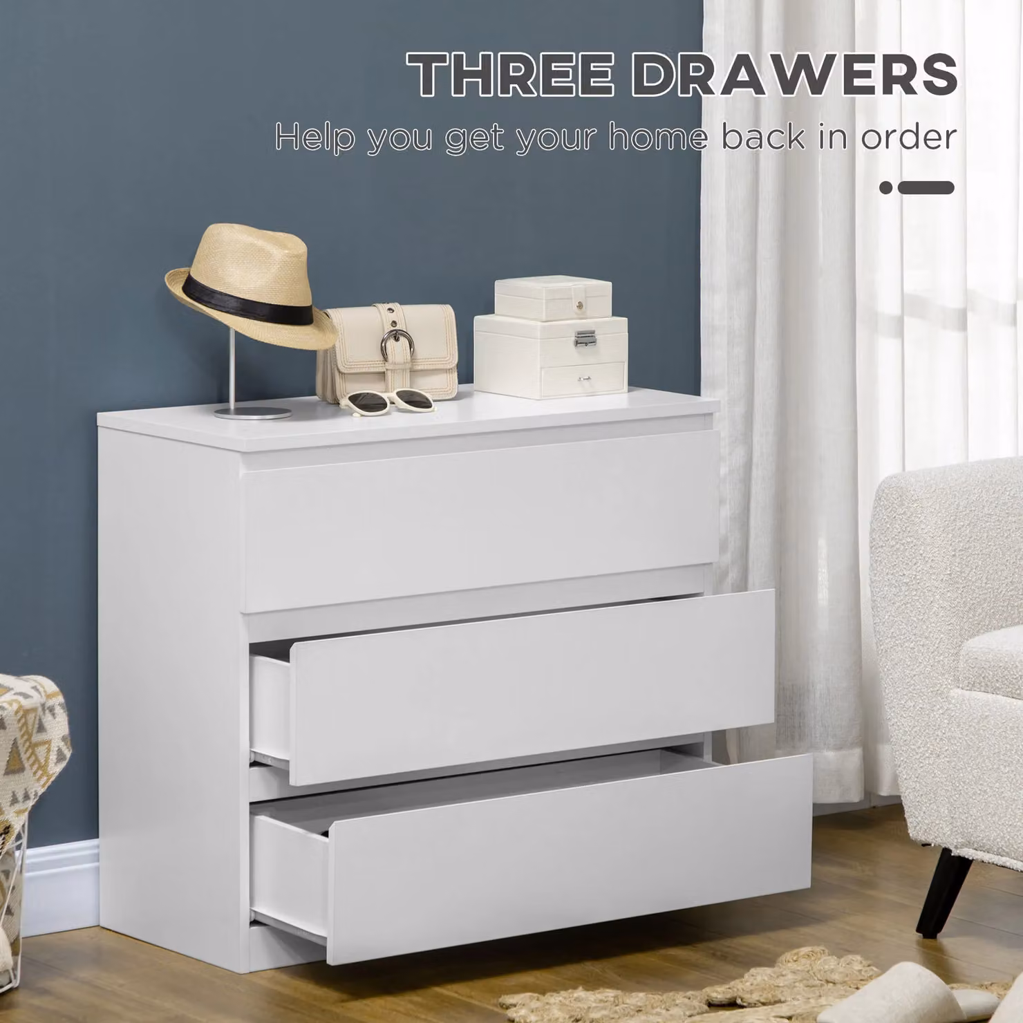 HOMCOM 3-Drawer Chest of Drawers Storage Organiser Unit in White – 3