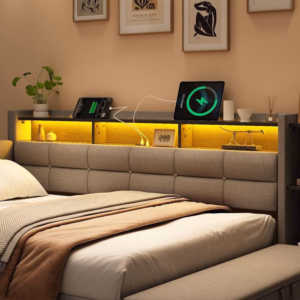 BTM 4ft6 Double Bed with LED Under-Bed Lighting, USB Type C Charging Ports and Storage Drawers in Grey Upholstered Linen, W/D/H: 140 x 190 x 149 cm – 6