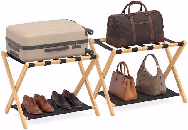 Gymax 2-Piece Black Bamboo Folding Luggage Racks with Storage Shelves