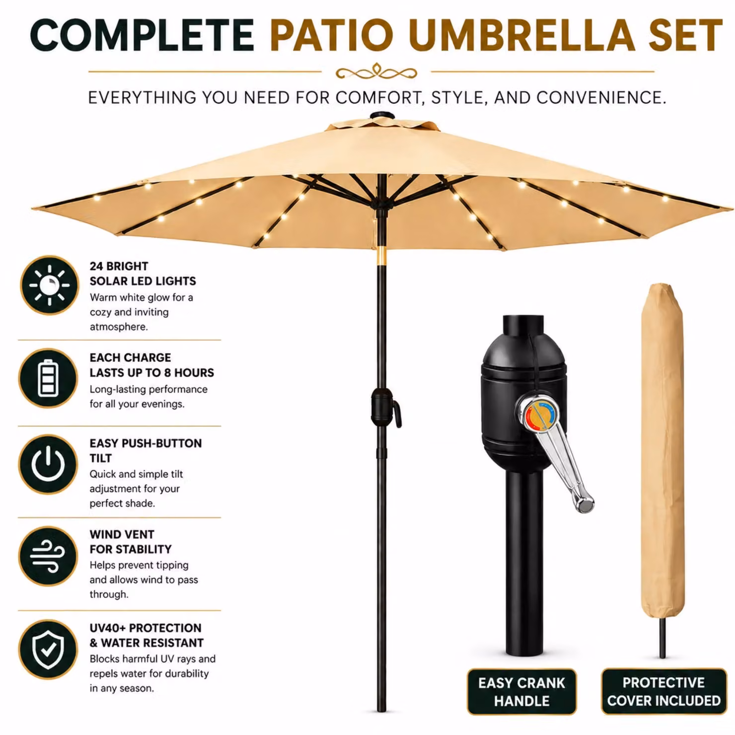 Glamhaus Khaki Solar Power LED Tilting Garden Umbrella with UPF 50+ Protection, W/D/H: 270 x 235 x 270 cm – 5