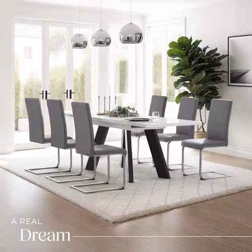 tectake Set of 8 Bettina Dining Chairs in Grey with Synthetic Leather and Metal Cantilever Base – 2