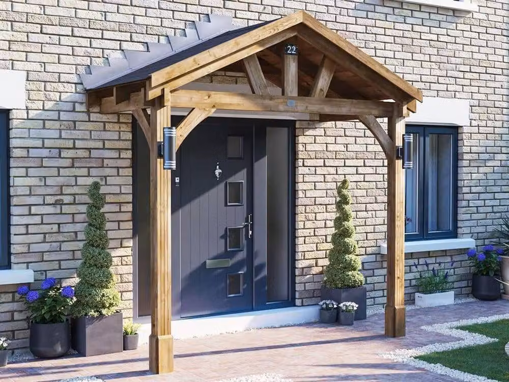 Dunster House Wooden Porch Canopy Kit with Black Shingles in Brown – 2