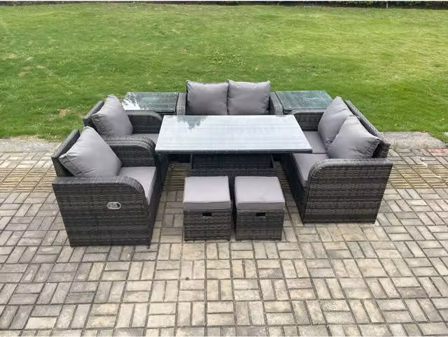 Fimous Grey Rattan Garden Sofa Set with Lift Table, 2 Side Tables and Stool
