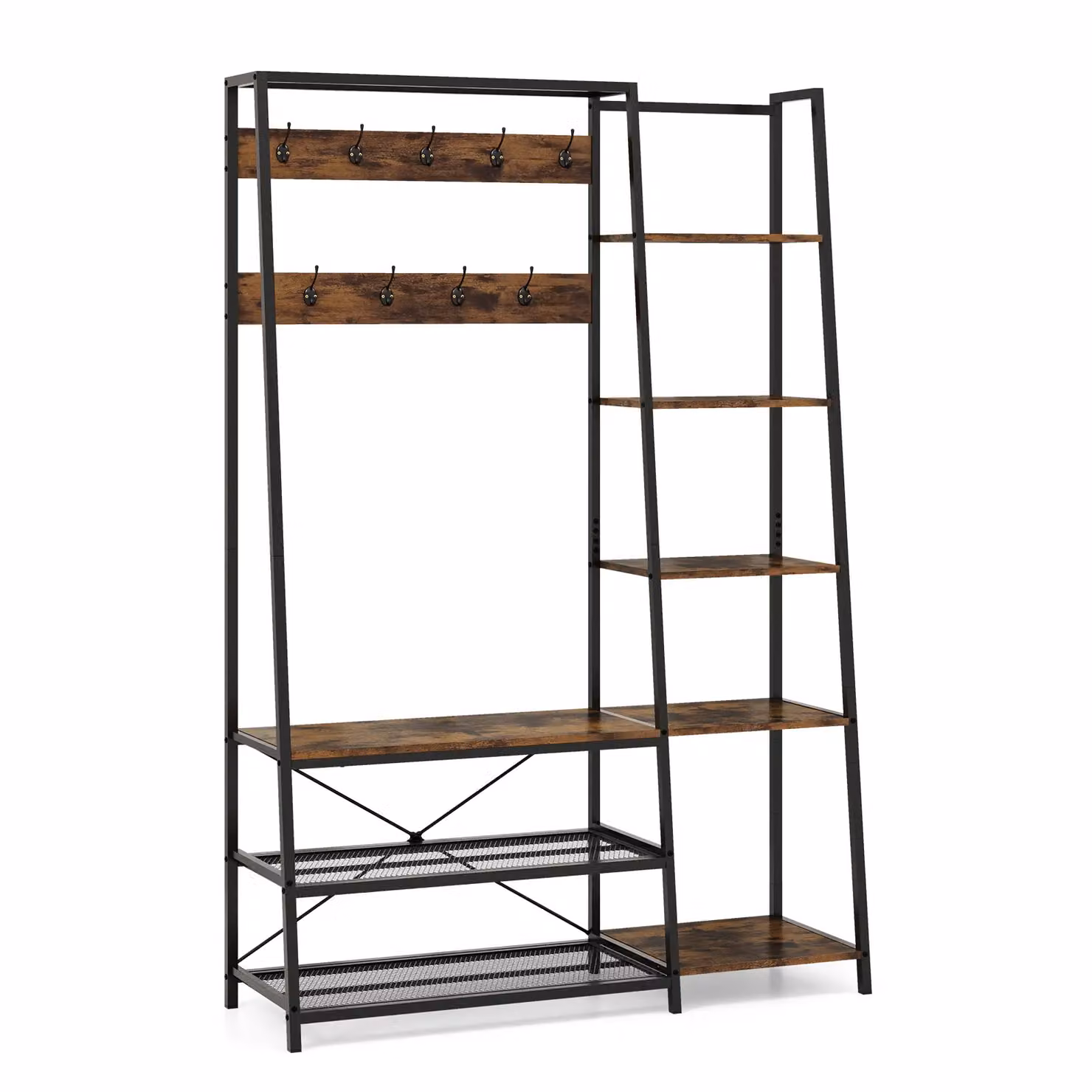 Costway Industrial Hall Tree with Storage Bench and 9 Hooks in Brown – 2