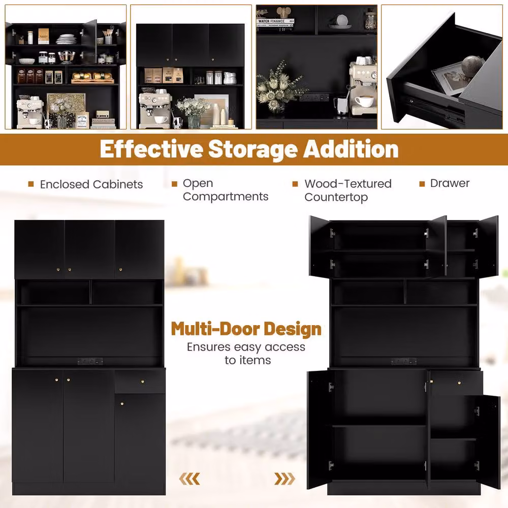 Costway Modern Black Tall Kitchen Cupboard Buffet Pantry Storage Cabinet with USB Ports – 7