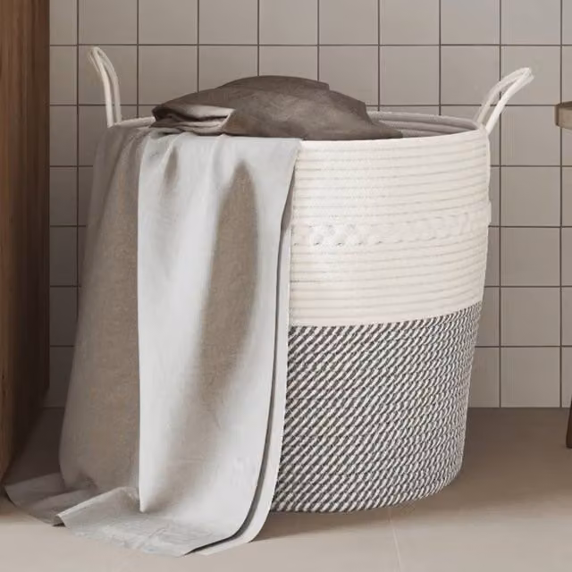 Berkfield Grey and White Open Weave Cotton Storage Basket with Handles, W: 43 cm, D: 38 cm, H: 38 cm