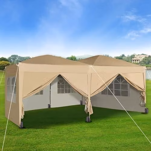 MCC Direct Pop-up Waterproof Marquee Canopy Gazebo with Sides, Wind Bars, Weight Bags and Windows, Beige, W: 600 cm, D: 300 cm, H: 255 cm – 1