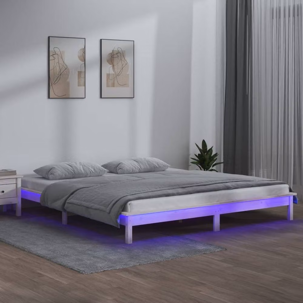 Berkfield Home White Solid Wood LED Bed Frame with Under-Bed Lighting, W/D/H: 200 x 200 cm – 2