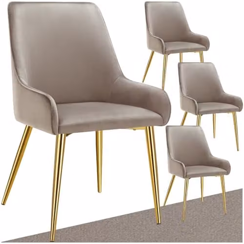 tectake Set of 4 Modern Dining Chairs with Armrests in Taupe Velvet Fabric and Metal Legs – 1