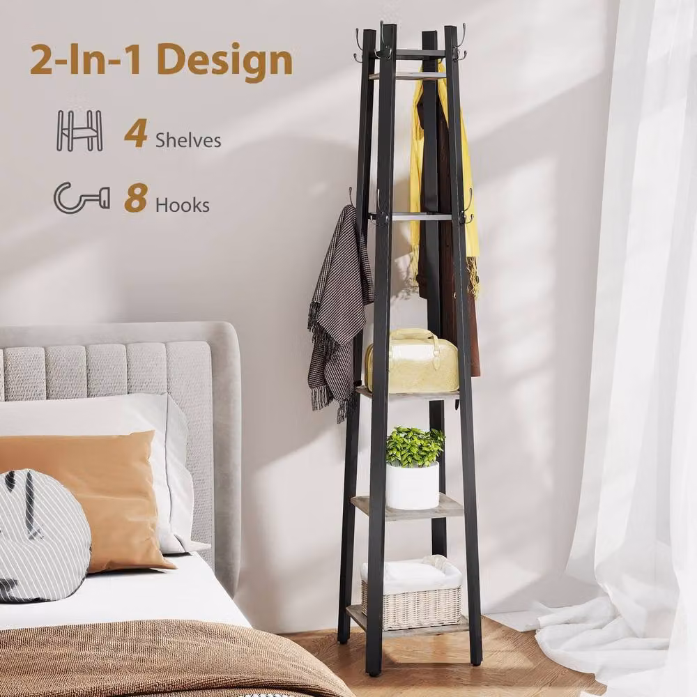 Wyld Haus Savapa Industrial 4 Tier Coat Stand with Shelves and Hooks in Grey and Black – 4