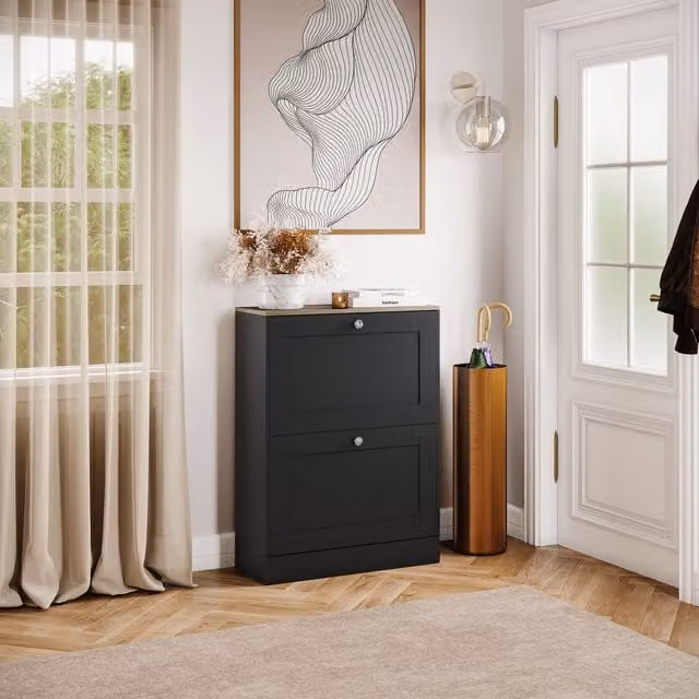 Vida Designs Modern 2 Drawer Shoe Cabinet in Black and Oak, W/D/H: 80 x 24 x 58 cm