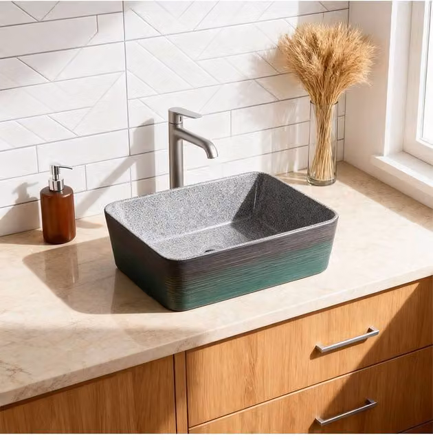 Living and Home Rectangular Ceramic Countertop Vessel Sink with Waste Kit in Grey and Multicolour, W/D/H: 40 x 31 x 13 cm