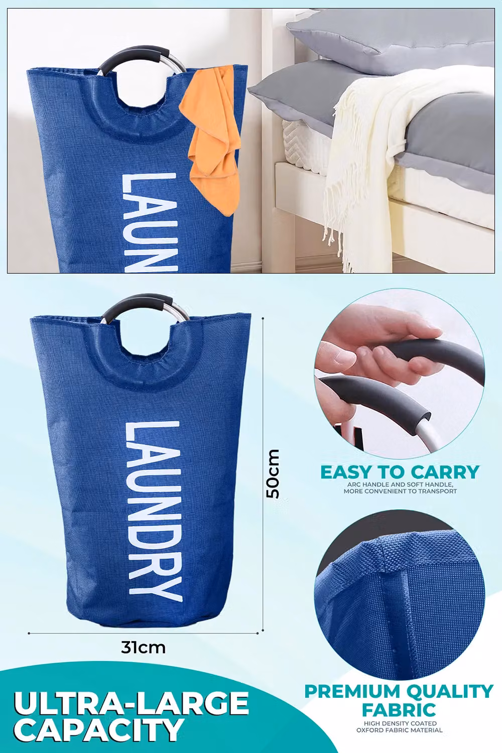Neel Blue Collapsible 40L Laundry Basket with Padded Handles in Navy Blue – 2