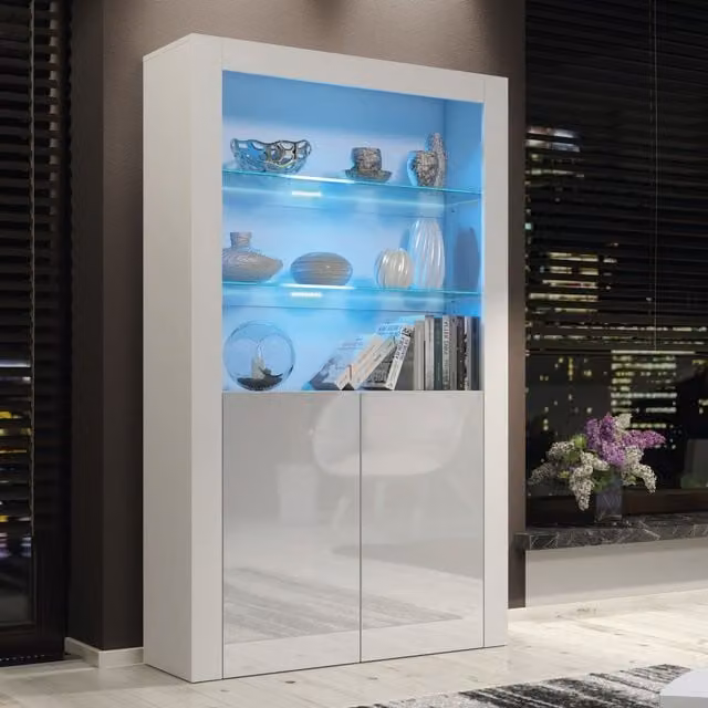 Mex Furniture LTD Modern Glossy Display Cabinet with LED Lights and Glass Doors in Light Grey, Height: 170 cm – 1