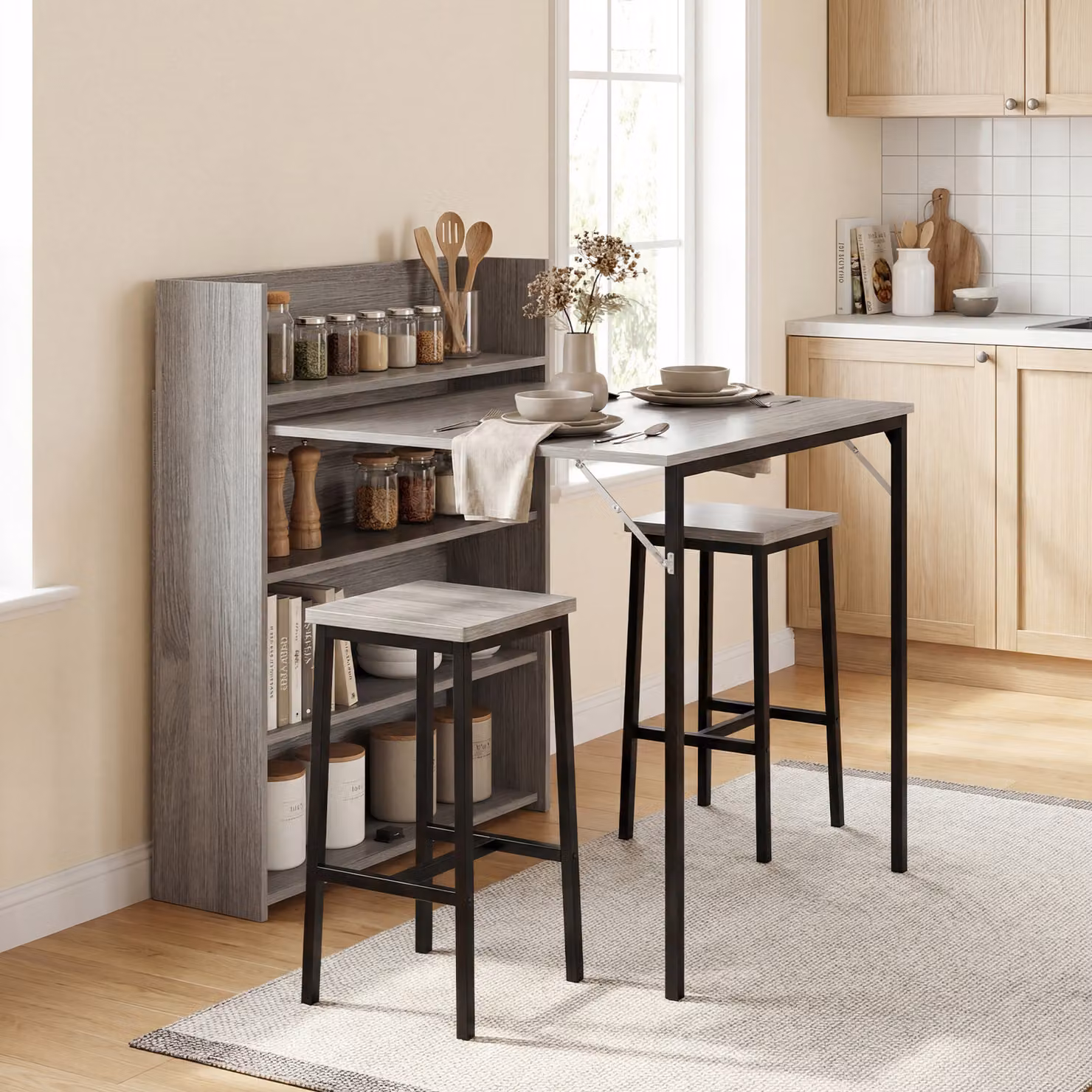 HOMCOM Modern Grey Wood Effect Folding Dining Table with 4-Tier Shelves and Butterfly Drop-Leaf Design – 2