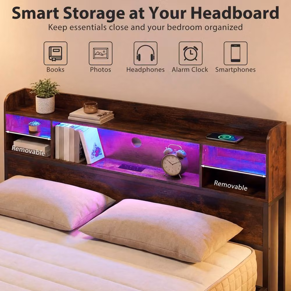 Costway King Size Metal Bed Frame in Brown with LED Lights, USB Charging Port and Side Compartments, W/D/H: 180 x 200 cm – 8