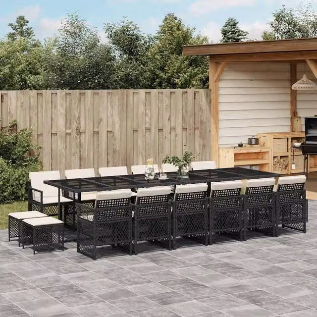 Berkfield Home 17 Piece Black Poly Rattan Garden Dining Set with Cushions and Glass Tabletop – 1