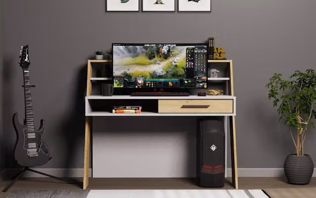 Decorotika Soho Computer Desk in White and Oak, W/D/H: 123.6 x 59.6 x 104.3 cm