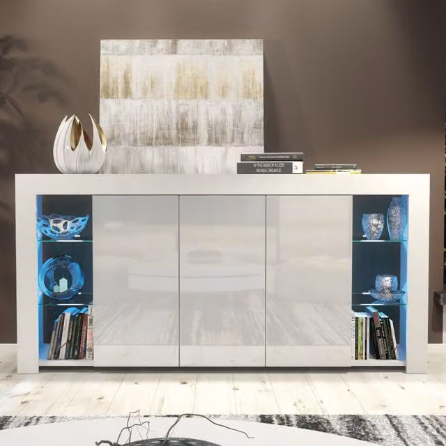 Mex Furniture LTD Modern Glossy Sideboard with Integrated LED Lighting in Light Grey, W: 164 cm, H: 83 cm, D: 35 cm – 1